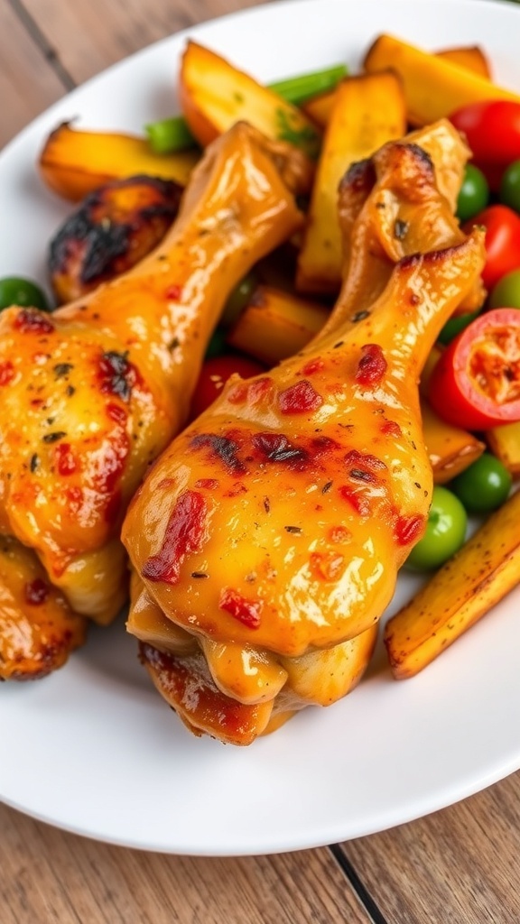 Baked chicken drumsticks with potato wedges and mixed vegetables on a rustic table.